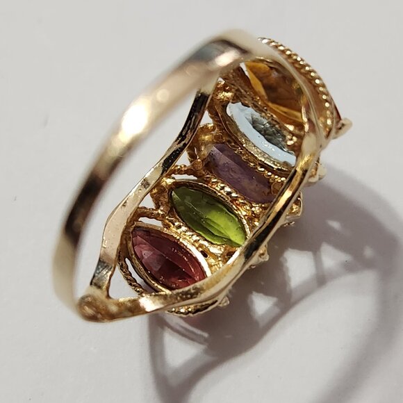 VTG "PJT 14K 585" 14k Yellow Gold Garnet Peridot Topaz & Amethyst Ring Sz 7 - Picture 5 of 10